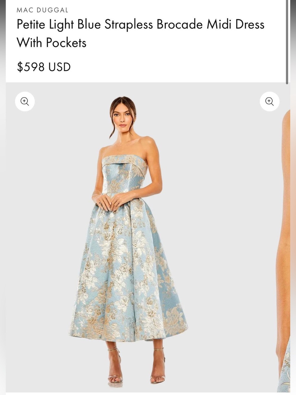 Mac Duggal Light Blue and Gold Strapless Brocade Midi Dress